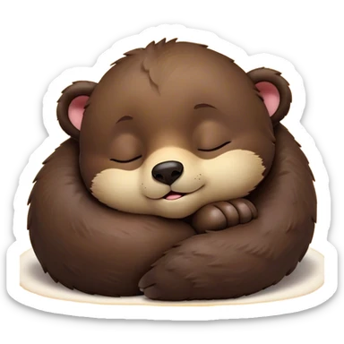 Meme-Worthy Cute Sleeping bear cub Portrait Emoji, Head resting peacefully with a contented smile, showcasing a massive, robust build and a luxuriously soft dark brown fur, eyes shut in a serene, restful nap, Simplified yet hilariously adorable features, highly detailed, glowing with a soft, drowsy light, high shine, relaxed and utterly lovable, stylized with an air of playful laziness, bright and heartwarming, soft glowing outline, capturing the essence of a comically sleepy bear cub, so meme-worthy it feels like it could instantly become the next viral sensation of adorable slumber! sticker