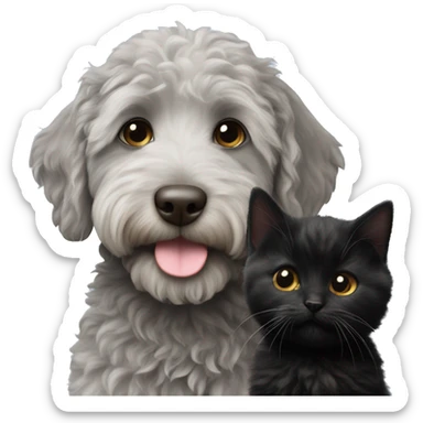 Grey labradoodle next to a small black kitten sticker