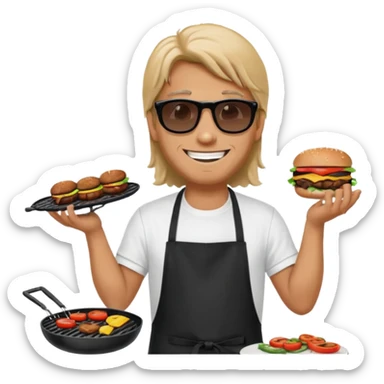 long hair man grilling wearing shade smiling in a white tshirt and a black apron grilling burger and meat on a sizzling grill sticker