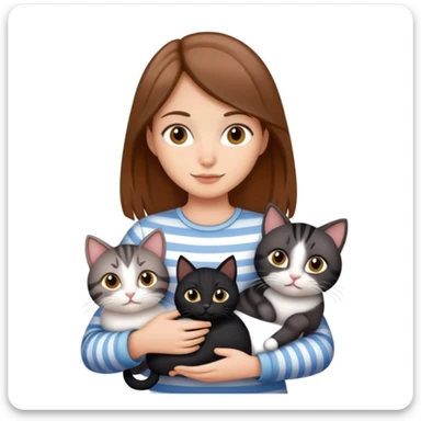 Tan brown-haired girl holding three cats, one black cat, one grey cat, and one grey-striped cat sticker