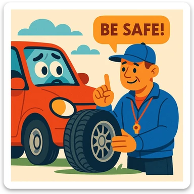 car with tire highlighted, sympathetic coach giving safety advice, modern and reassuring illustration style sticker