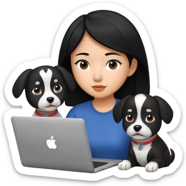 Asian girl with black hair working on an Apple laptop, next to her is a black and white dog sticker