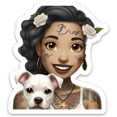 light skin woman with a face tattoo of a cross and long wavy black hair expressing joy alongide a white miniature pitbull  sticker