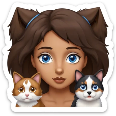 Young brown girl with blue eyes with an Australian shepherd and a black and white cat sticker