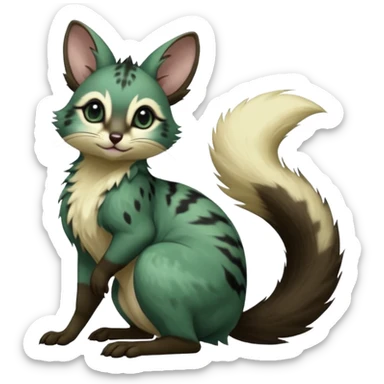 Dark-Green, black-pointed, soft natural realistic romantic vintage antique divine beautiful elegant pretty precious cute young youthful  Fakémon-Pokémon-alien-opossum-squirrel-feline-serval-caracal-chinchilla-Minccino-Cinccino-Meowstic-rodent-hybrid-creature with a big fluffy bushy tail (full body) sticker