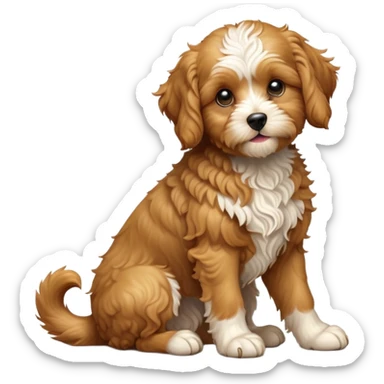 cinematic-[cavoodle dog]-realistic-full-body-sitting-emoji,-tail-resting-loosely-beside-its-paws,-head-tilted-dramatically,-curly-[solid golden]-fur,-simplified-yet-realistic-focused-features,-highly-detailed,-glowing-with-an-almost-sarcastic-glow sticker
