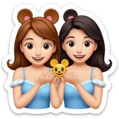 Son quatro chicas montadas en una atraccion de levantando la mano con orejas de Disney puestas en una atracción sticker