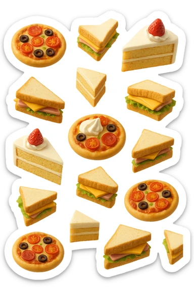 pizzette, fette di torta e panini, fluttuano in aria in 3d, sfondo bianco sticker