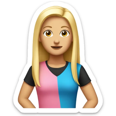 tall tanned girl with long straight blonde hair, blue eyes, she wear so much make-up, has a pink t-shirt and a black skirt sticker