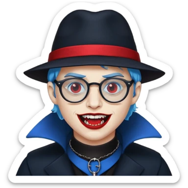 
vampire with blue hat,black coat with read collared ,teeth looks like vampire, with glasses sticker