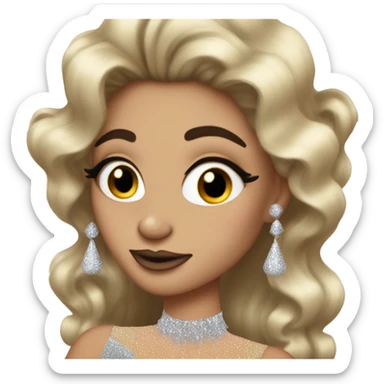 A drag queen with huge long hair and a glittery dress, putting on blusher from a compact sticker