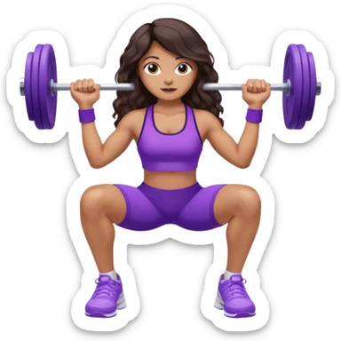 mujer de tez trigueña, con cabello castaño oscuro ondulado no muy marcado, hasta la cadera super largo estilizado, con ropa deportiva morada/lila, tenis blancos deportivos y levantando una pesa sticker