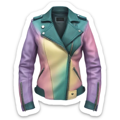 Realistic isolated side view of a pastel purple,dark teal,pastel yellow and pastel pink ombre open military style leather fashion jacket. sticker