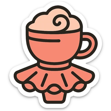 a cappuccino cup with a tutu, pinkish-orange color palette, icon style sticker