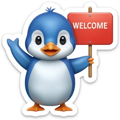 Blue penguin that holds very big welcome sign sticker
