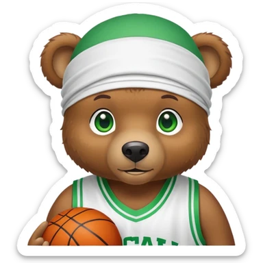 Cute brown bear with green eyes wearing a white durag and a basketball jersey visible only up to the shoulders, iOS emoji style sticker