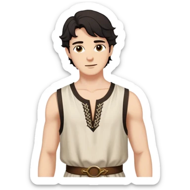 medieval summer outfit worn by a DnD themed fantasy male character. thin, sleeveless cotton tunic with a deep neckline and reinforced stitching around the shoulders. clothes only above the waist. The clothes full waist. The character's haven't arms. character is white-skinned, black hair, brown eyes, short wavy hair. sticker