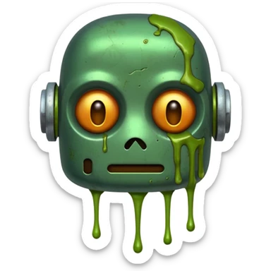 make a tired old melting robot emoji, covered in green sludge, 2d sticker