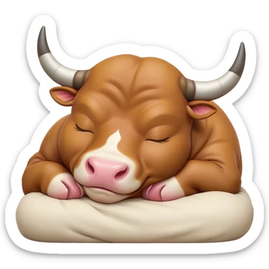 Meme-Worthy Cute Sleeping Domestic Bull Portrait Emoji, Head resting peacefully with a contented smile, showcasing a robust, muscular build and a luxuriously soft coat, eyes gently closed in serene, restful slumber, Simplified yet hilariously adorable features, highly detailed, glowing with a soft, drowsy natural light, high shine, relaxed and utterly lovable, stylized with an air of playful laziness, soft glowing outline, capturing the essence of a sleeping domestic bull that feels destined to become the next viral sensation of adorable rest! sticker