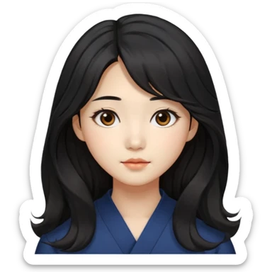 Korean girl with long black hair that is slightly wavy, with a middle part and face framing hairstyle. Asian eyes, brown colored eyes sticker