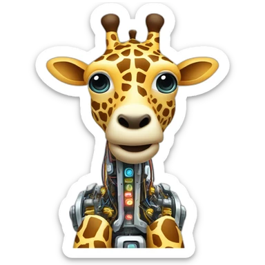 Una girafa robotica con patrones de circuitos brillantes en su piel, piernas con juntas móviles y piezas de metal relucientes sticker