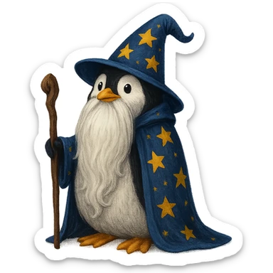 penguin wizard with a long beard and starry cloak sticker