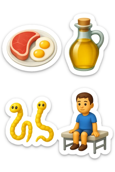 emoji stile iphone di UN PIATTO CON CARNE ROSSA E UOVA, UNA BOTTIGLIA DI OLIO DI SEMI, DUE PARASSITI TIPO LA TENIA, UOMO SEDUTO SU UN LETTINO DA FISIOTERAPISTA, IPERREALISTICO 4K sticker