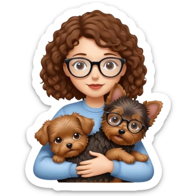 Girl with brown curly hair and glasses hugging a yorkshire terrier dog sticker