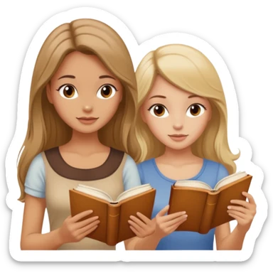 two beautiful girls in beige tops reading a beautiful vintage book. one is brown-haired, the other is blonde. both have long hair with sticker