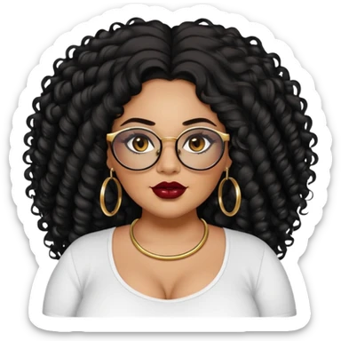 big plus size, latina, darker tan skin, gold hoops, long black curly hair, baddie,pretty, makeup, dark red lipgloss, black eyeliner, long hair, black shirt, black glasses sticker