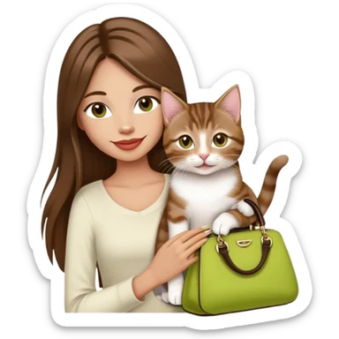 Woman with super long straight brown hair, rosy lips, chartreuse eyes, cute happy smile holding a white and brown tabby kitten, wearing a black purse sticker
