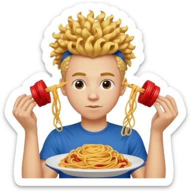 una persona de 18 años marron clarito con el pelo amrillo rizado con una camiseta roja y azul con un logo circular dorado y levantando unos spagethis y que tenga el pelo para abajo con boicano sticker