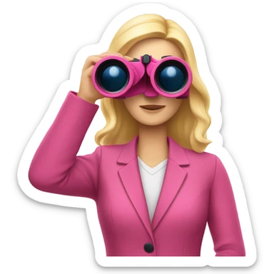 white female employee with pretty face and loose blonde hair wearing intensive color pink suit looking in binoculars sticker