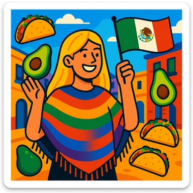 cartoon of a tall blonde woman smiling wearing a colorful poncho holding a taco and an avocado waving a Mexico flag surrounded by tacos and avocados on a lively street background with bright and bold colors sticker