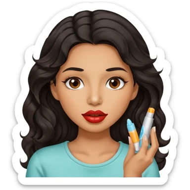 A gorgeous with black wavy hair women applying lipbalm on her brown lips sticker