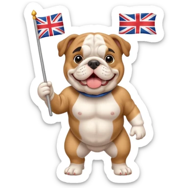 English bulldog waving a small flag, acting as a tour guide sticker