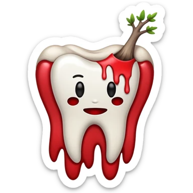 Minimalist emoji-style sticker of a pulled tooth with roots and a smear of blood at the base. Black and desaturated red colors. Flat, clean outline on white.
 sticker