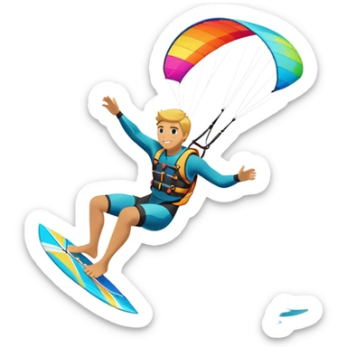 A kitesurfer soaring through the sky, harnessing the wind on a bright, colorful kite. The scene shows the surfer gliding over the water with the kite above, emphasizing the freedom, speed, and thrill of the sport in a dynamic coastal setting. sticker