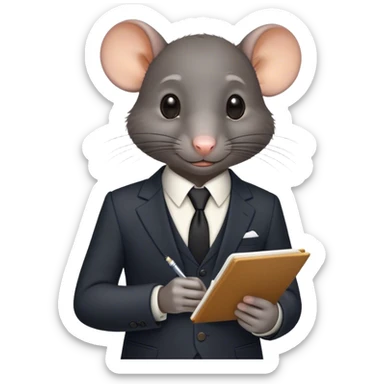 a black rat in a suit taking notes in a small notebook sticker