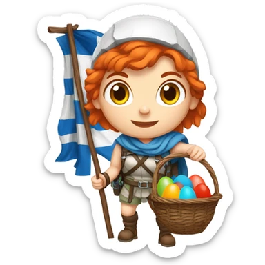 Greek Female winter mountaineer red hair white skin climbing with Greek Flag and Easter eggs basket sticker
