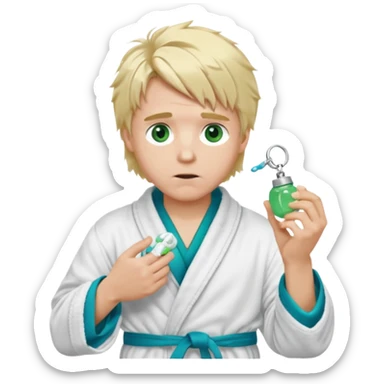 A white man with green eyes, medium-length blond hair, a blue Cartier watch on his wrist, and a black and white bathrobe. His hair is messy, and he has a white pacifier in his mouth. sticker
