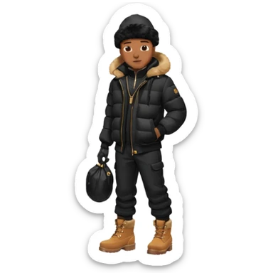 Handsome Black grown man with brown skin tone, wear black joggers, a black bubble coat with a fur brim on the hood, and buckwheat timberland boots, and black gloves sticker