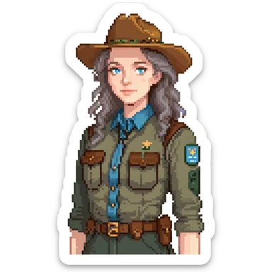 white woman park ranger with brown and gray hair and blue eyes sticker