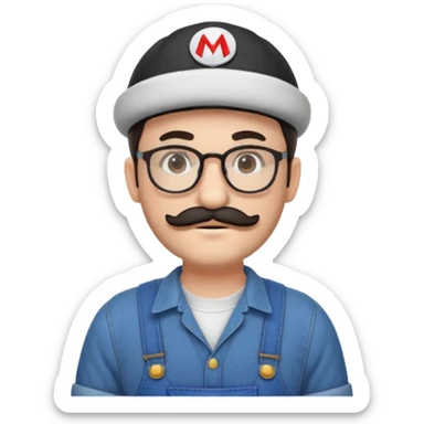 person with glasses, short dark hair, mustache and beard, wearing Mario hat and overalls sticker