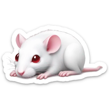Realistic white rat with small ears, bright red eyes and baby pink tail and baby pink paws in sleeping position neutral face eyes open body is lying down curled up sticker
