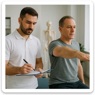 realistic image of a kinesiologist observing and noting results of a kinesiological evaluation on a patient in a clinical environment with professional atmosphere sticker