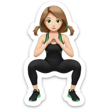 Beautiful woman with light brown shoulder length hair popping a squat without any weights. Make her with a little lighter, brown hair and green eyes. Make her fair skinned and wearing a black workout suit. sticker