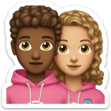 Brunette girl light skin with long hair and green eyes and gold earring hoops wearing a pink hoodie hugging a brunette boy with brown eyes light skin and curly brown hair wearing a soccer jersey  sticker
