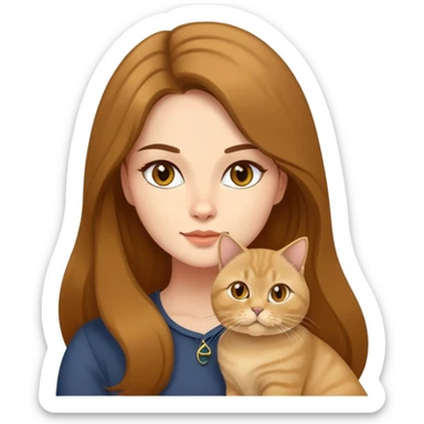A brown long hair beautiful woman with a golden British shorthair cat sticker
