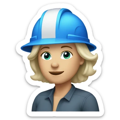 white woman short grayish blond hair construction blue hard hat helmet sticker